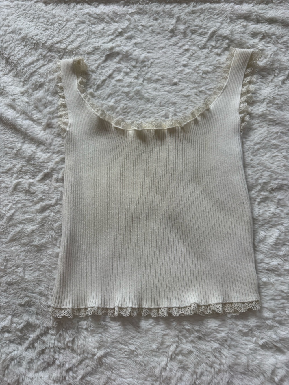 Cream Ribbed Lace-Trim Tank Top